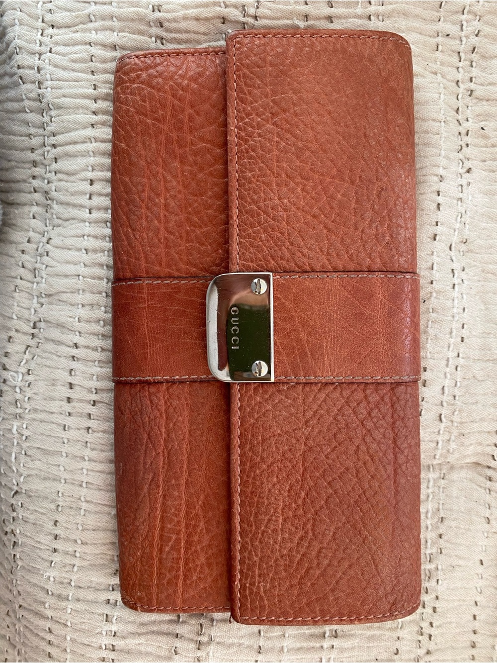 Gucci Tan/Brown Textured Leather Long Wallet with Silver Plaque